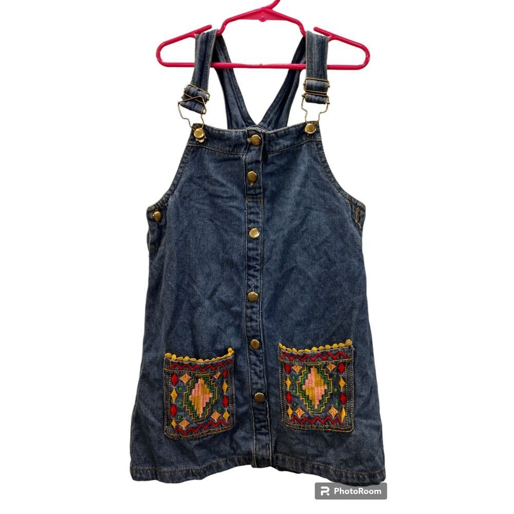 Little Lass Denim and embroidered overall dress